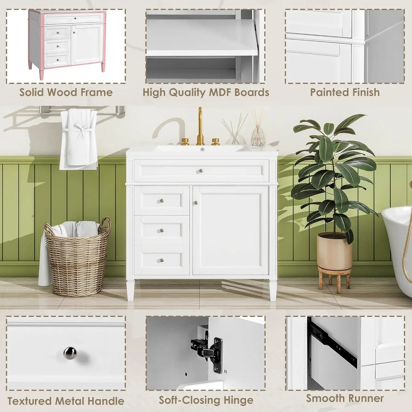 Modern 36" Bathroom Vanity w/Matching Mirror, Cabinet, Single Sink & Storage