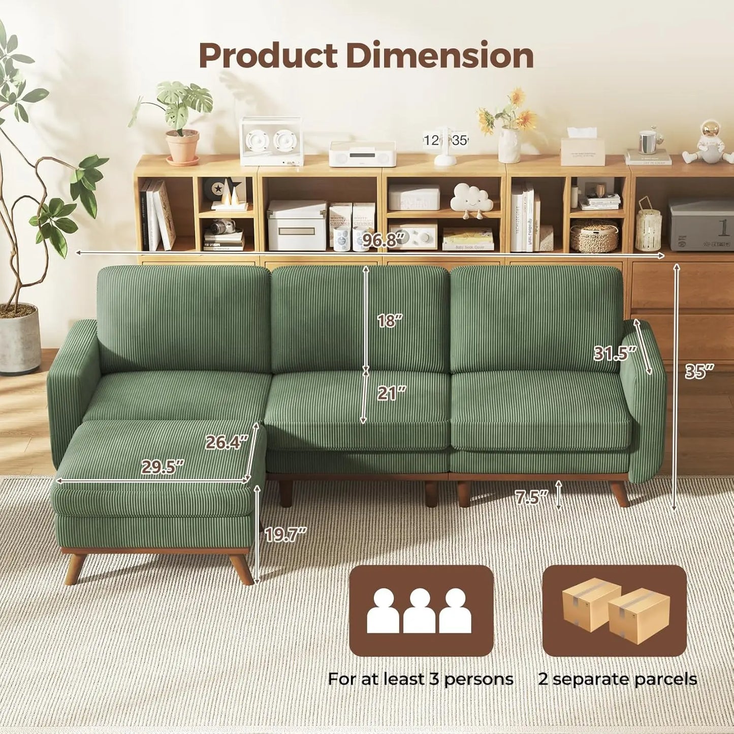 3-Seat Corduroy L-Shape Modular Sofa with Movable Ottoman,