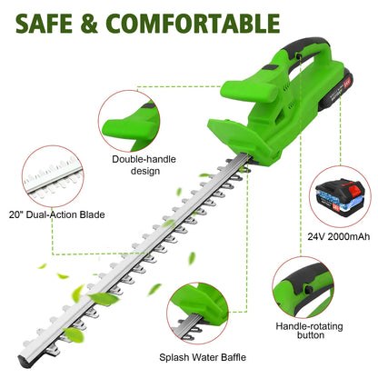 20-Inch Cordless Electric Hedge Trimmer, Double Blade, Handheld