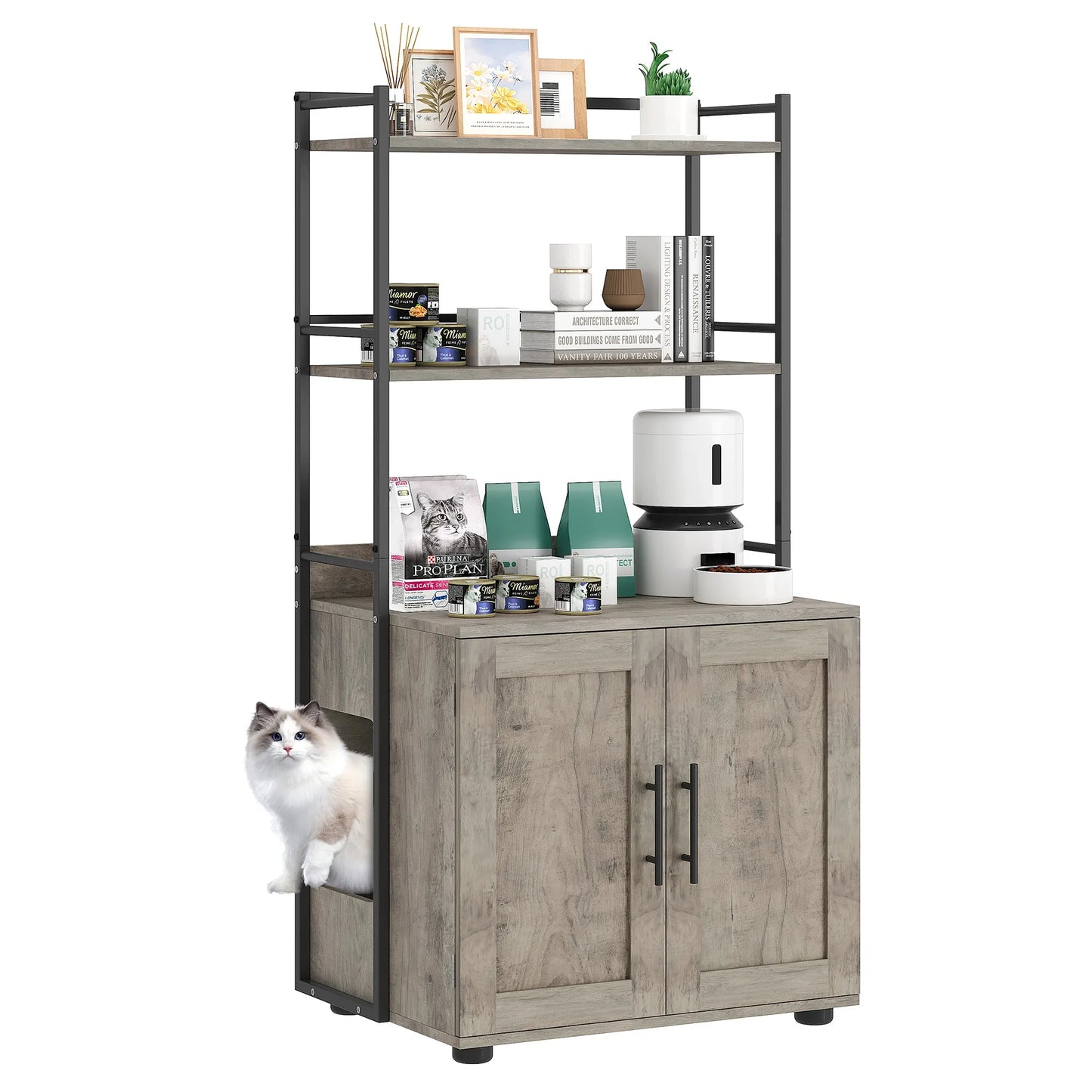 Cat Litter Box Enclosure w/2-Tier Storage Shelves & Doors