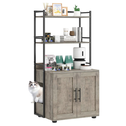Cat Litter Box Enclosure w/2-Tier Storage Shelves & Doors