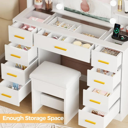 Hollywood Style Makeup Vanity with Glass Top, Power Outlet, Stool & 9 Drawers