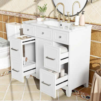 36" Bathroom Vanity Cabinet w/Sink Top Combo Set, Single Door & 3 Drawers