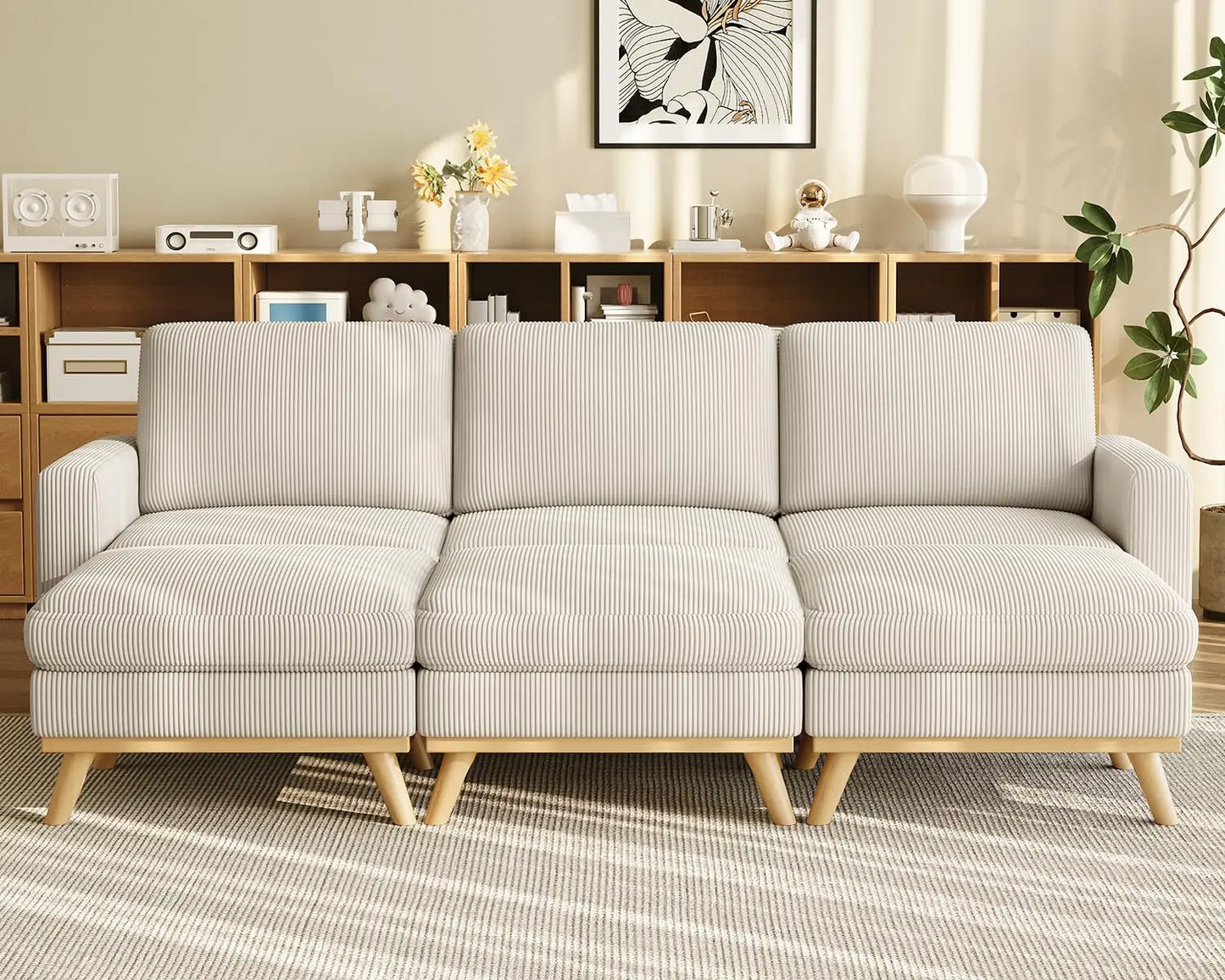 3-Seat Corduroy L-Shape Modular Sofa with Movable Ottoman,