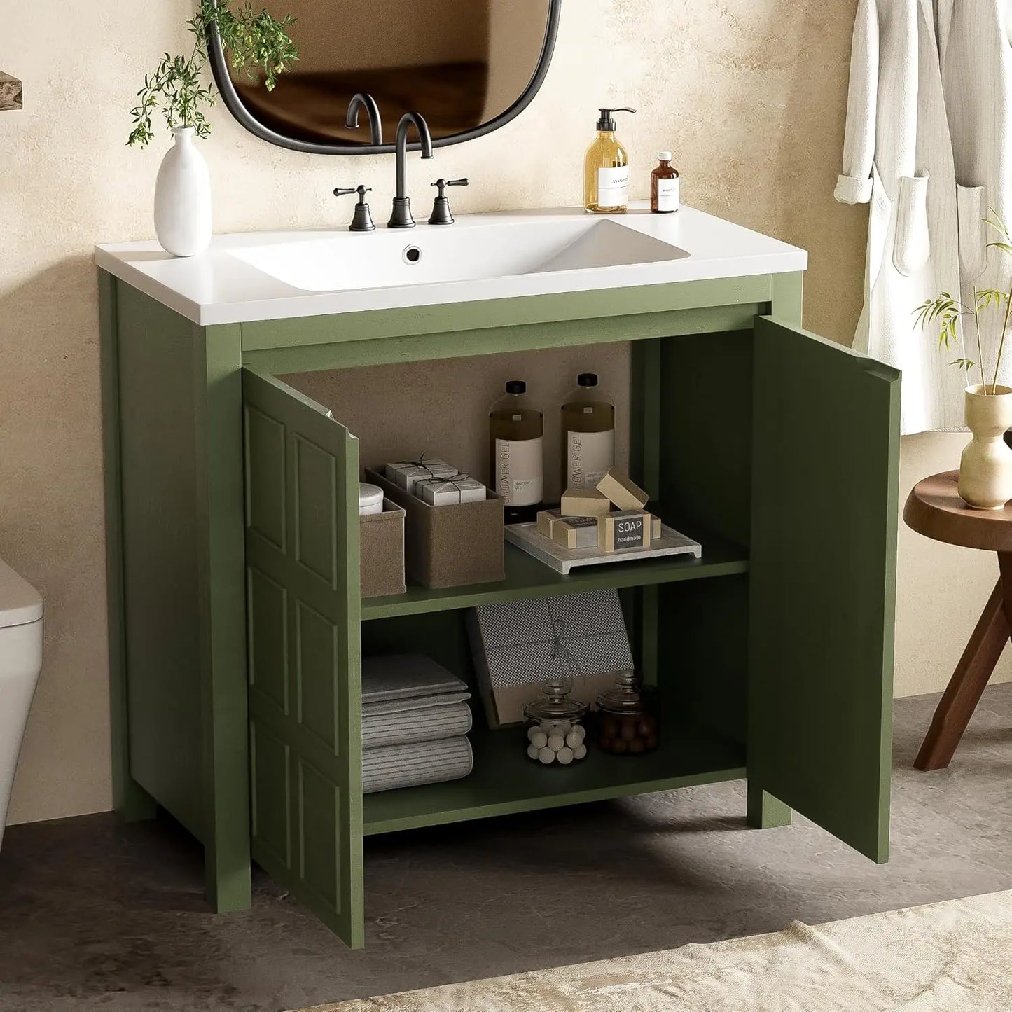 Freestanding Bathroom Vanity w/Sink, Wooden Cabinet, Adjustable Shelf, Ceramic Basin