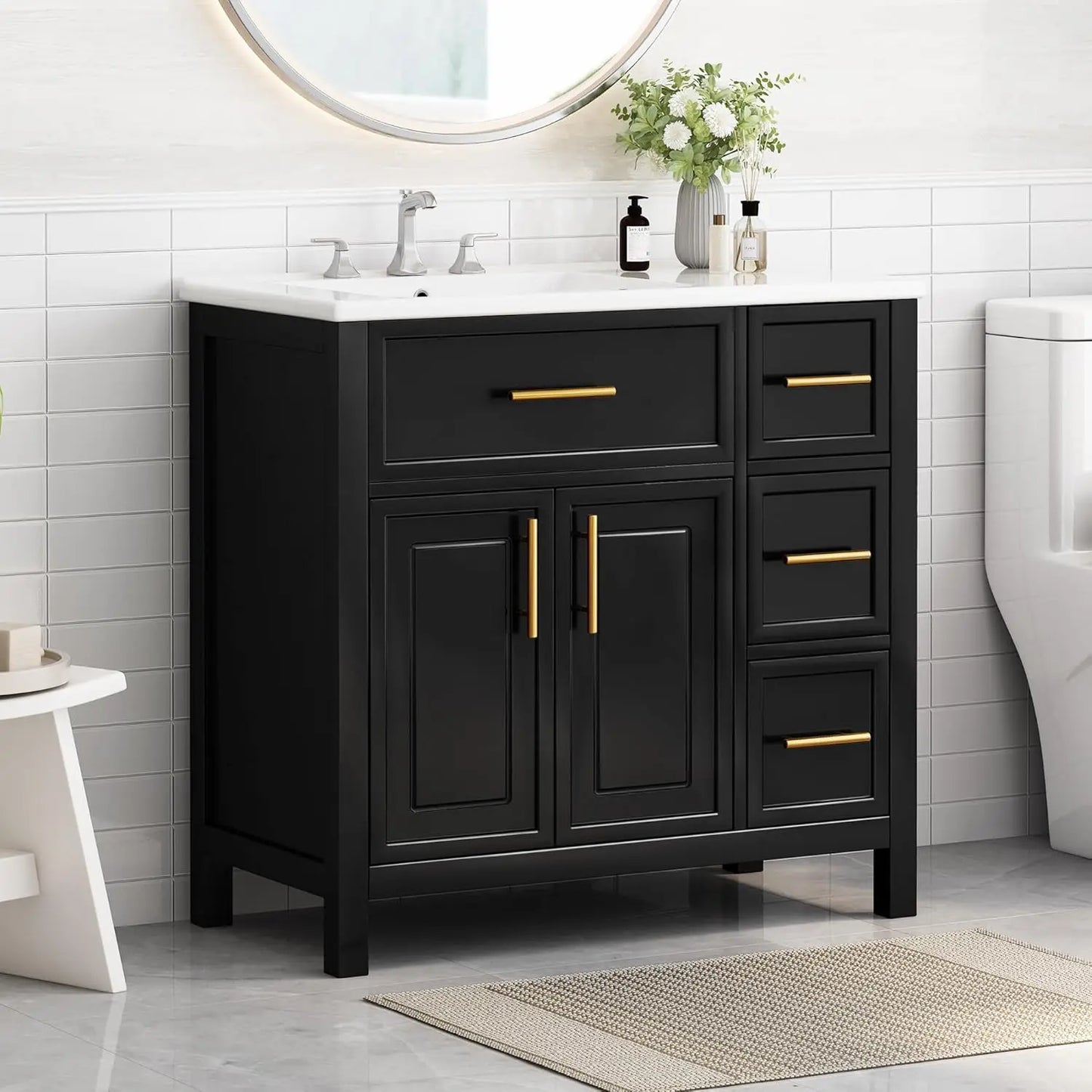 36 inch Bathroom Vanity w/Sink & Storage Cabinet, 3 Drawers, 1 Divider Drawer