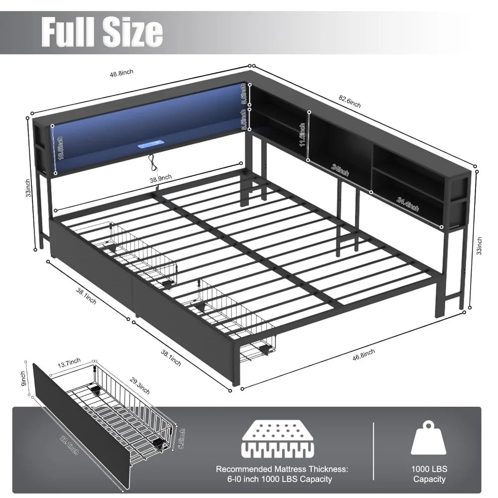 Full Size Corner Bed Frame with Storage, Charging Station, LED Lights