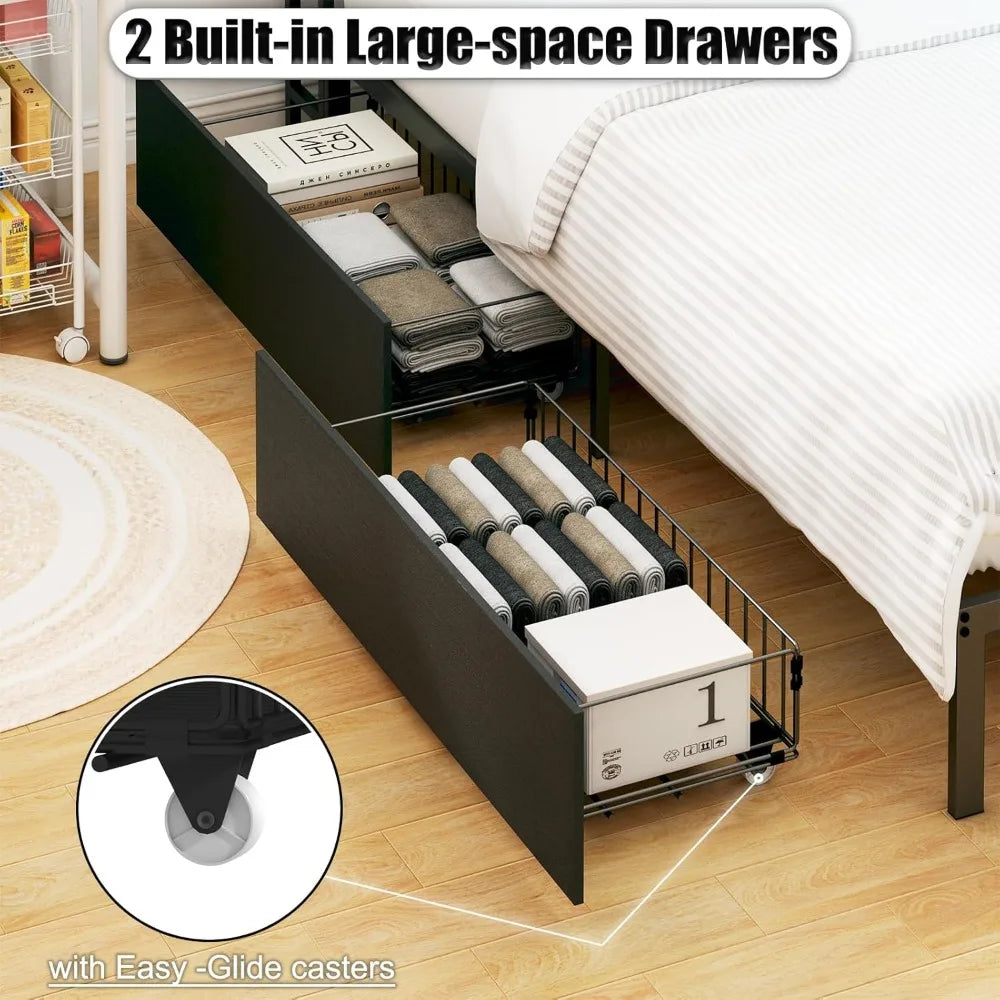 Full Size Corner Bed Frame with Storage, Charging Station, LED Lights