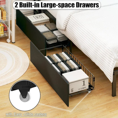 Full Size Corner Bed Frame with Storage, Charging Station, LED Lights