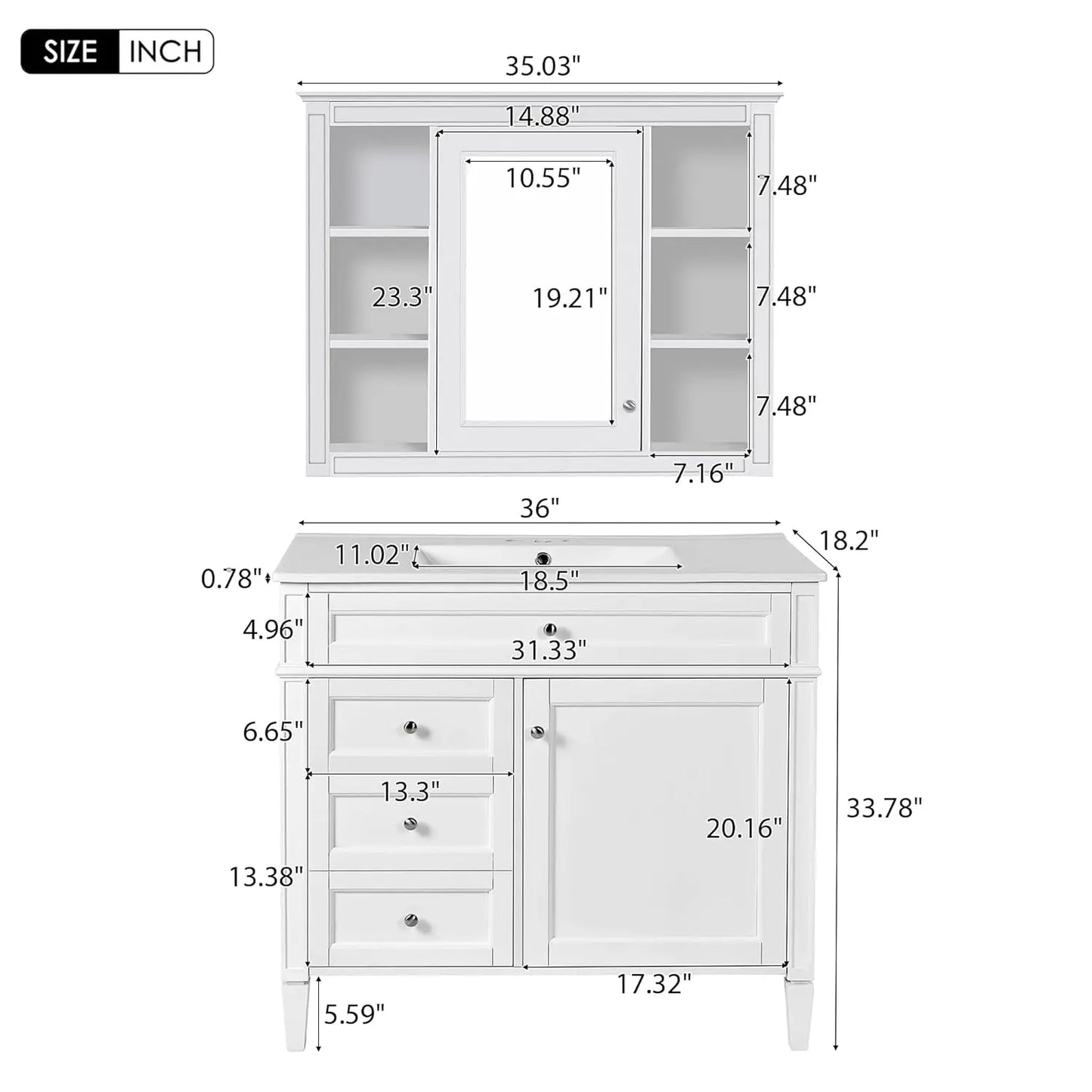 Modern 36" Bathroom Vanity w/Matching Mirror, Cabinet, Single Sink & Storage