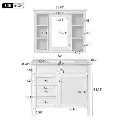Modern 36" Bathroom Vanity w/Matching Mirror, Cabinet, Single Sink & Storage