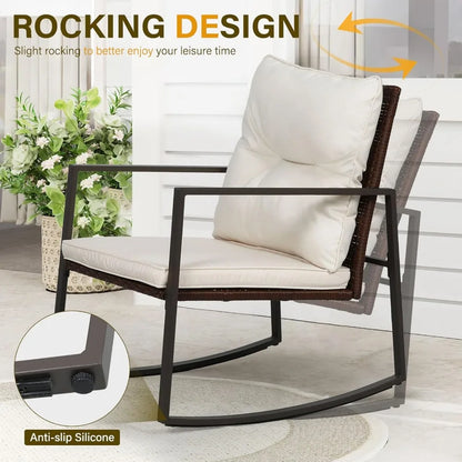 Patio Bistro Rocking Chair Set with Glass Coffee Table