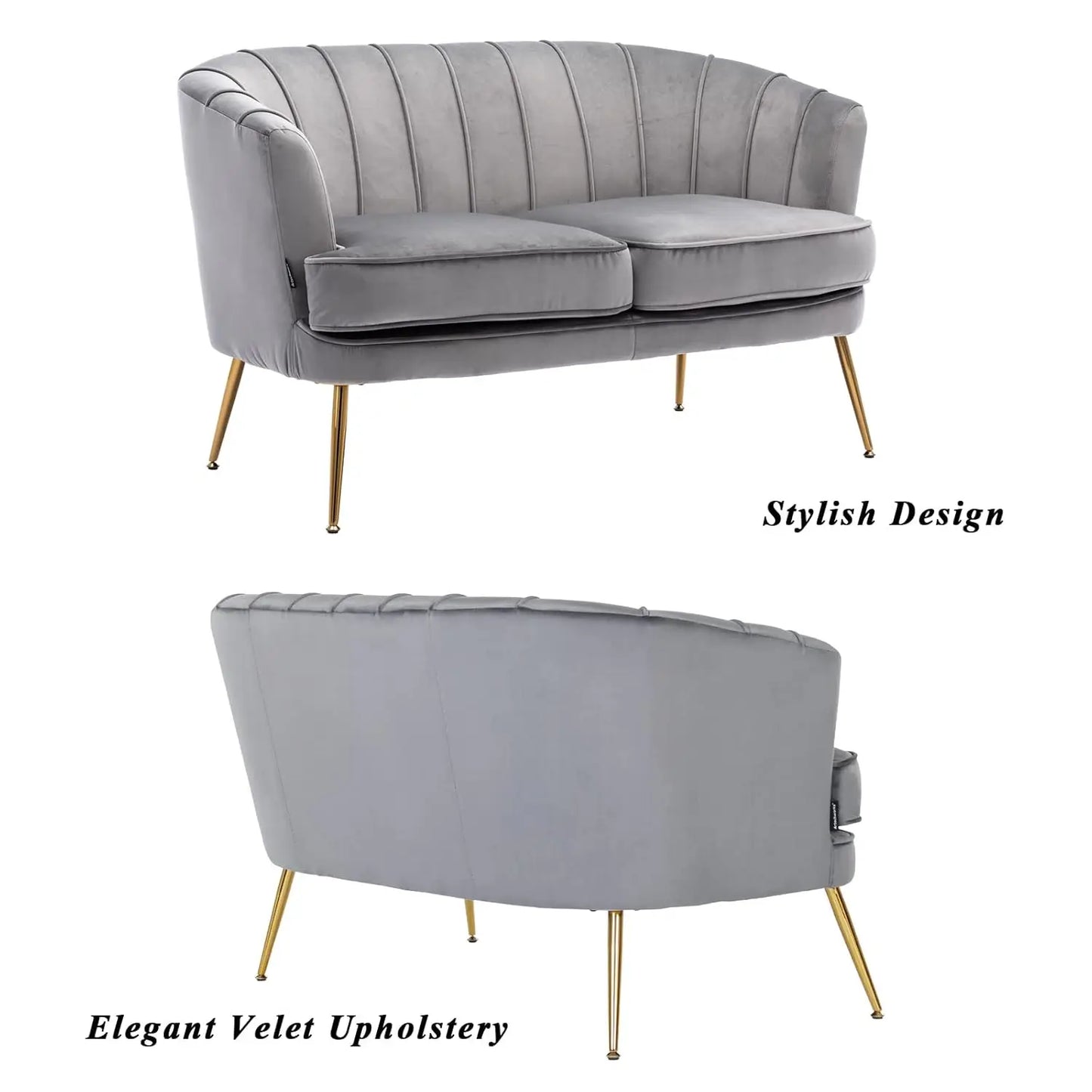 Contemporary Velvet Loveseat Chair w/Gold-Finished Metal Legs