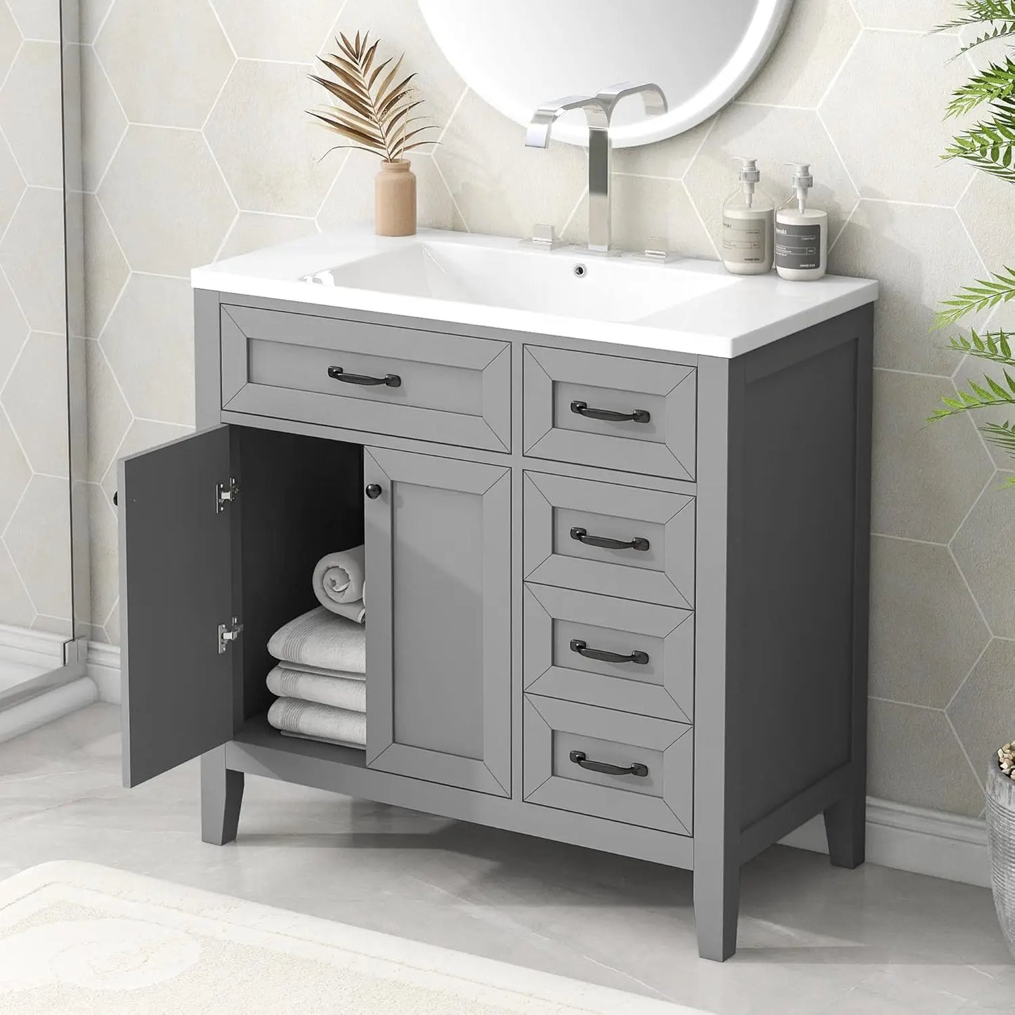 36 inch Bathroom Vanity w/Sink & Storage Cabinet, 3 Drawers, 1 Divider Drawer