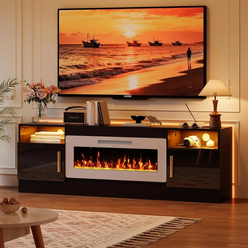 70'' TV Media Entertainment Center with Fireplace, Modern LED