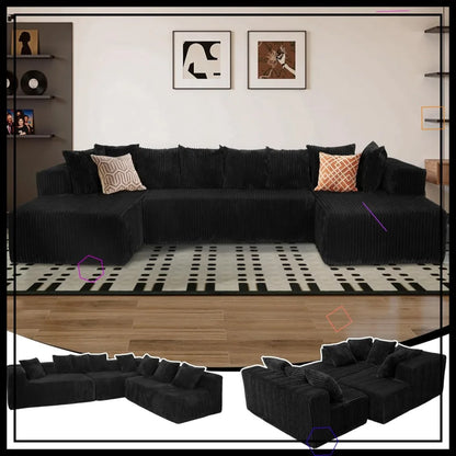 Modular Corduroy Sectional Couch with Deep Seat & 8 Pillows