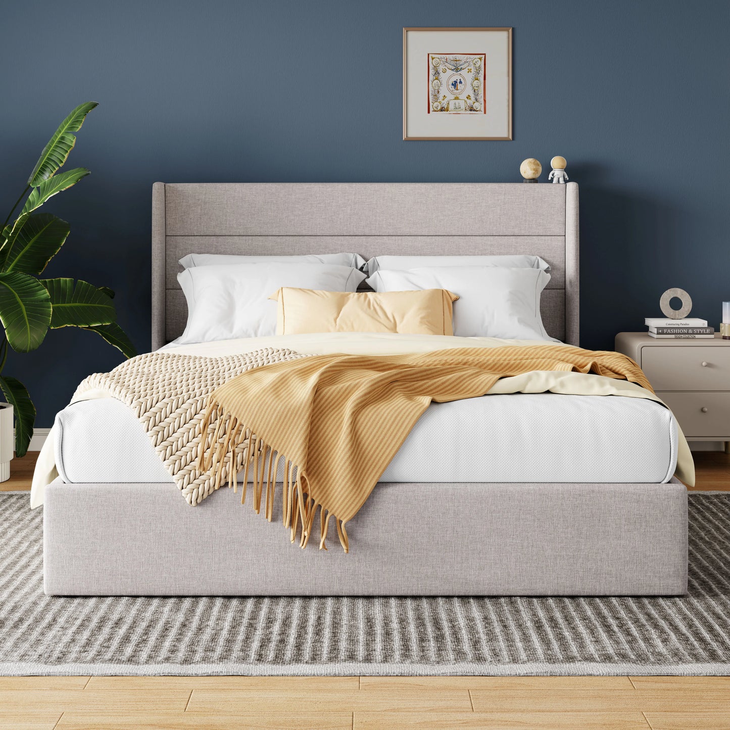 Lift Up Hydraulic Storage Bed with Wingback Headboard