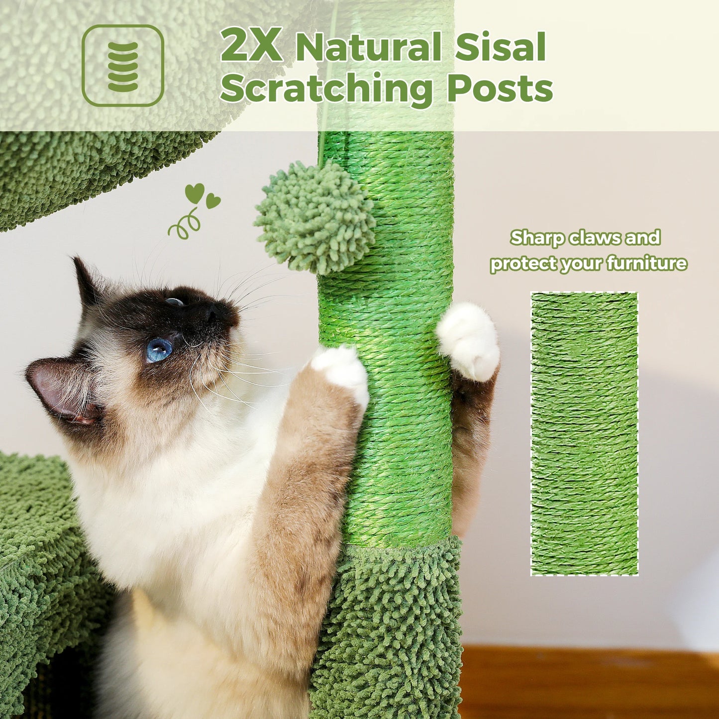 Small Cactus Cat Tree with Condo, Hammock & Dangling Ball