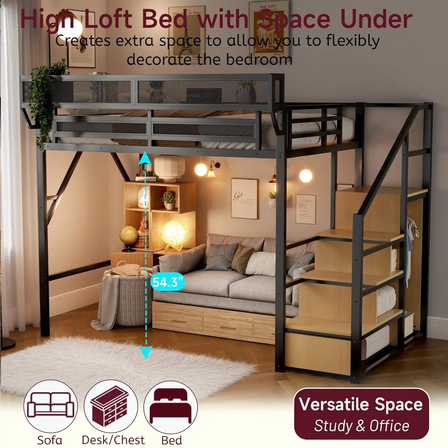 Full Size Metal Loft Bed w/Stairs, Shelf & Storage