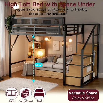 Full Size Metal Loft Bed w/Stairs, Shelf & Storage