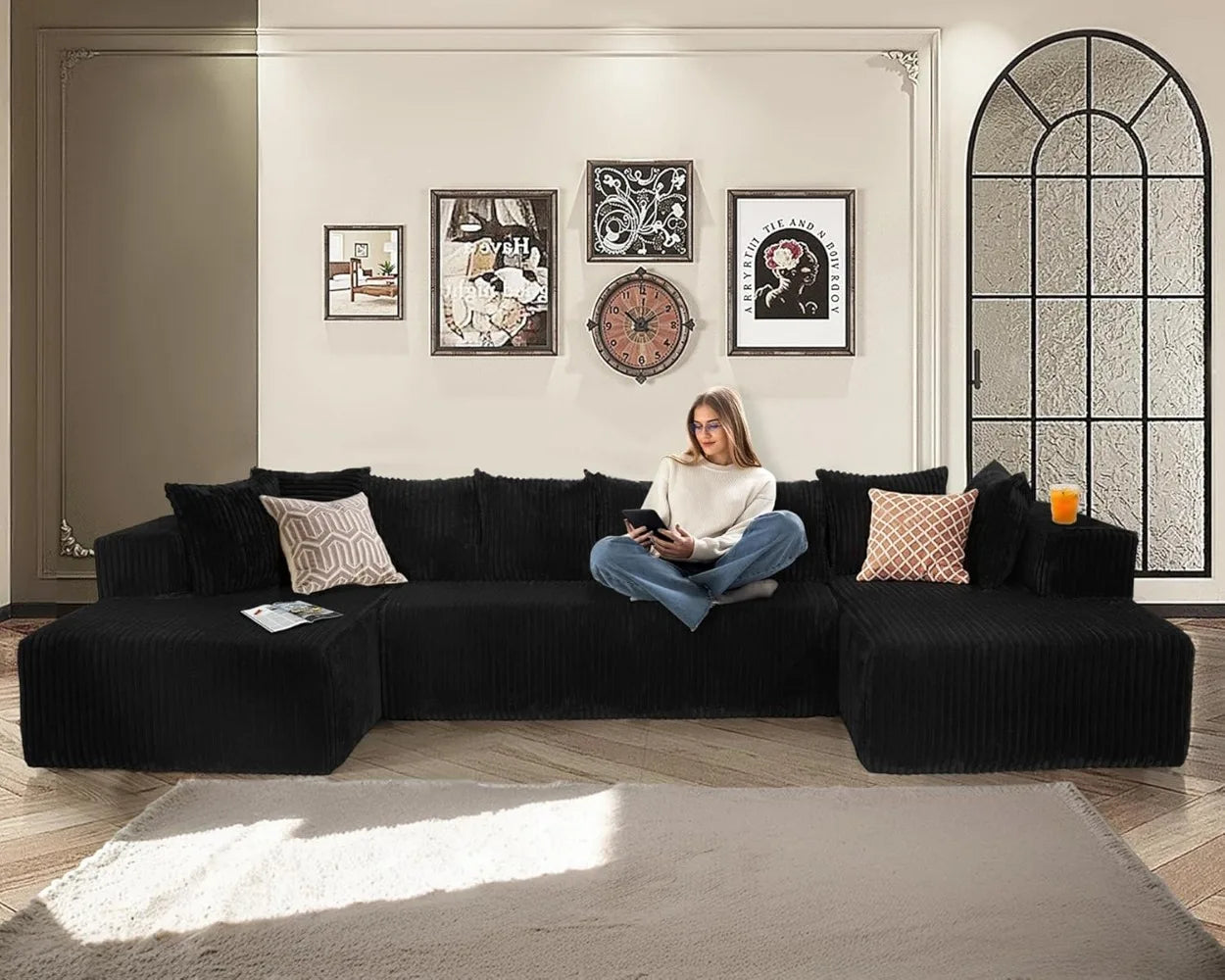 Modular Corduroy Sectional Couch with Deep Seat & 8 Pillows