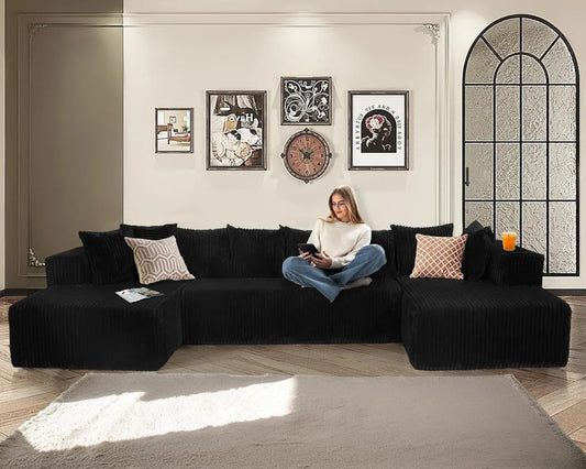 Modular Corduroy Sectional Couch with Deep Seat & 8 Pillows