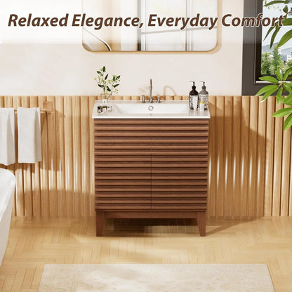 Mid-Century Freestanding Bathroom Vanity Cabinet w/Ceramic Sink & 2 Soft Closing Doors