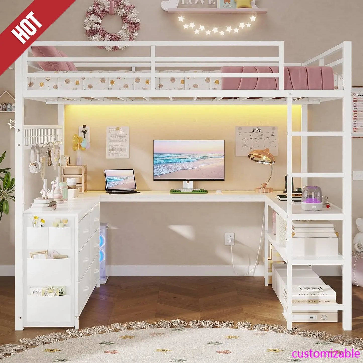 Full Size Loft Bed With U-Shaped Desk, 6 Drawers and Power Outlet