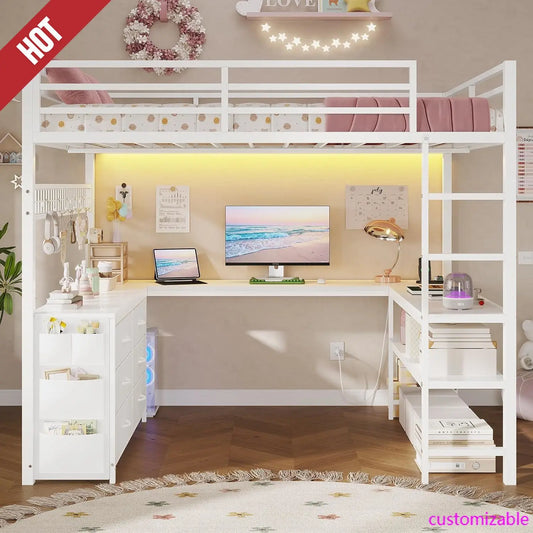 Full Size Loft Bed With U-Shaped Desk, 6 Drawers and Power Outlet