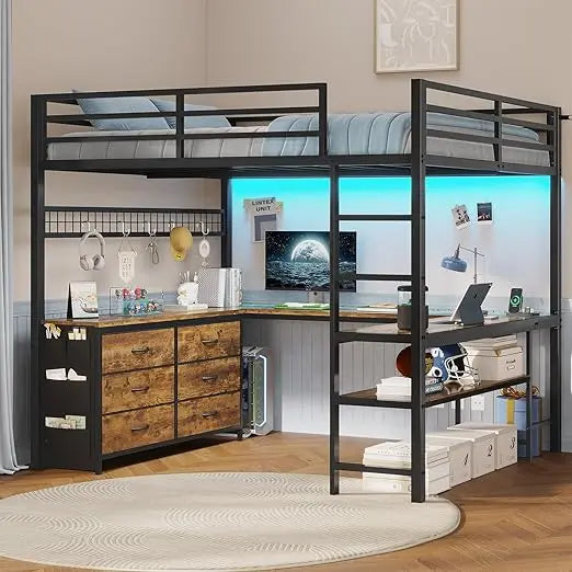 Full Size Loft Bed With U-Shaped Desk, 6 Drawers and Power Outlet