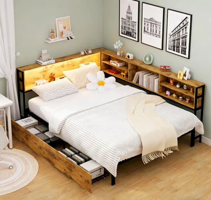 Full Size Corner Bed Frame with Storage, Charging Station, LED Lights