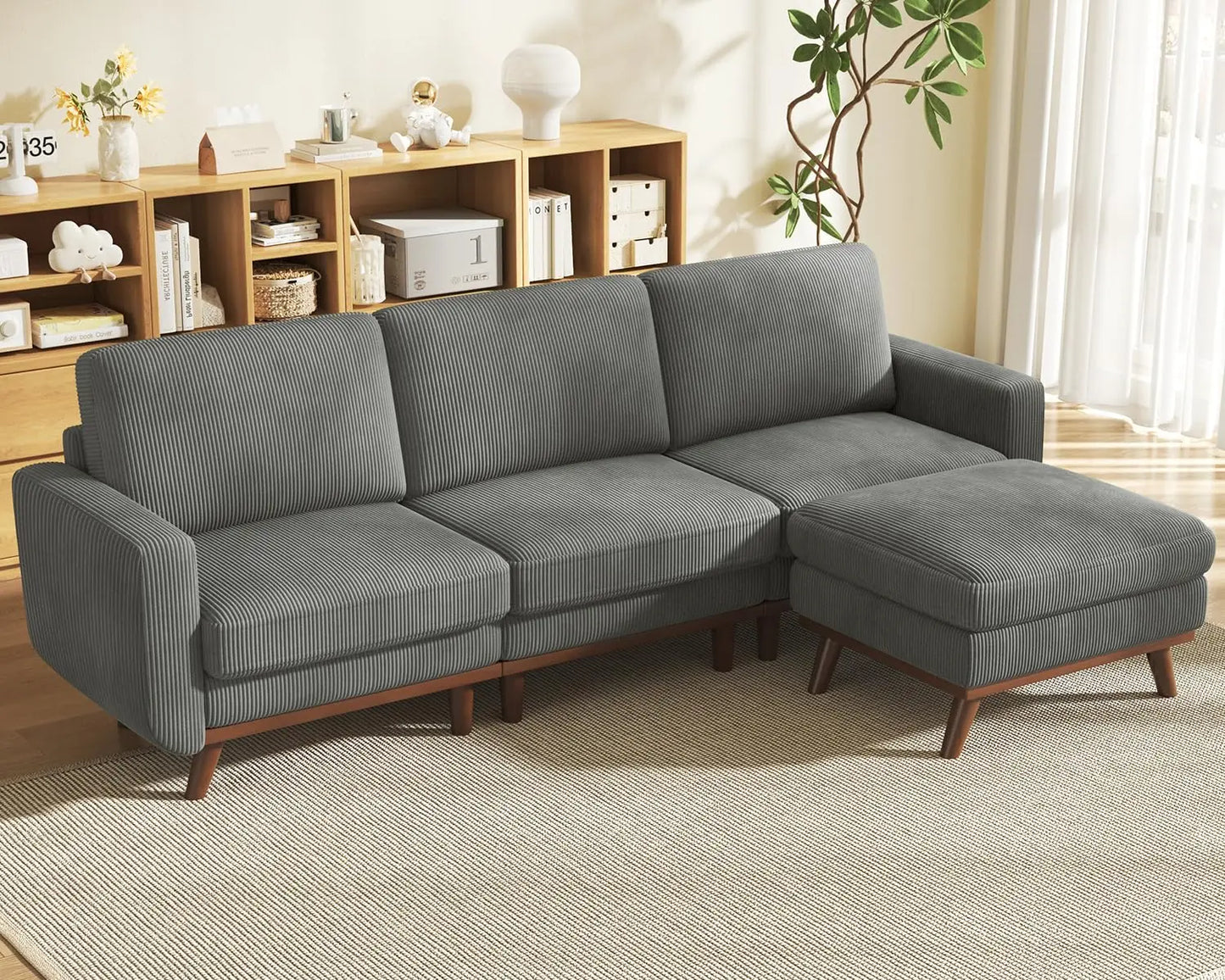 3-Seat Corduroy L-Shape Modular Sofa with Movable Ottoman,