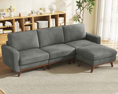 3-Seat Corduroy L-Shape Modular Sofa with Movable Ottoman,