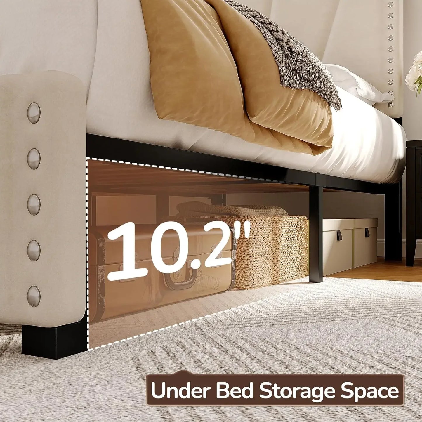 King Size Velvet Headboard, Platform Bed with LED Lights and Charging Station