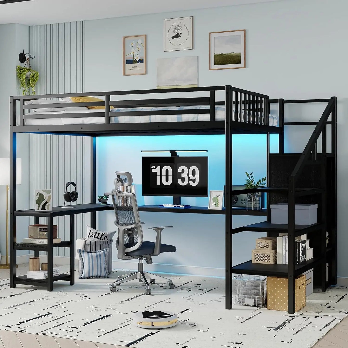 Full Size Metal Loft Bed w/Stairs, Shelf & Storage
