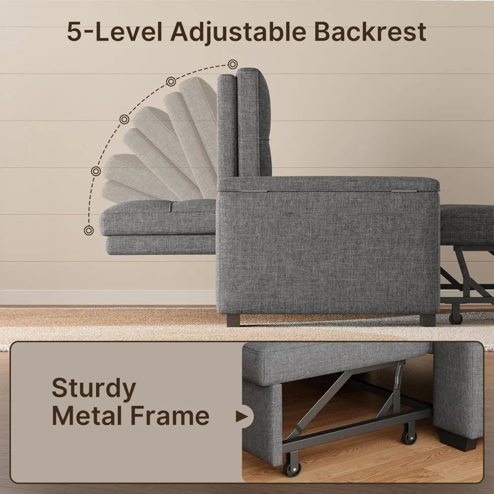 3-in-1 Queen Size Convertible Sofa Bed with Adjustable Backrest and Storage