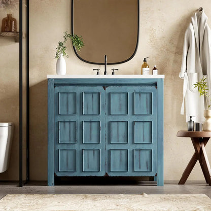 Freestanding Bathroom Vanity w/Sink, Wooden Cabinet, Adjustable Shelf, Ceramic Basin