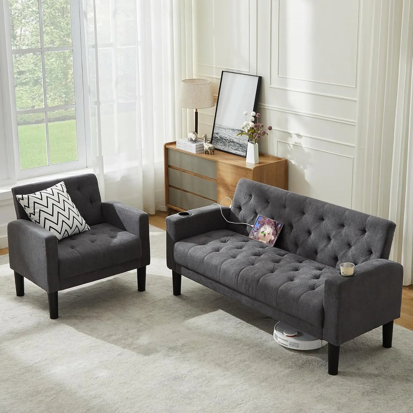 Mid-Century Modern Loveseat Sofa Set w/ 2 USB & 2 Cupholders