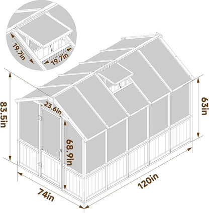 6x10 FT 6MM Thick Polycarbonate Panel Wooden Walk-in Greenhouse w/Lockable Door