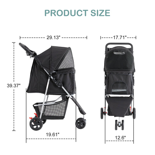 3 Wheel Foldable Pet Stroller for Small Dogs & Cats, Mesh Windows