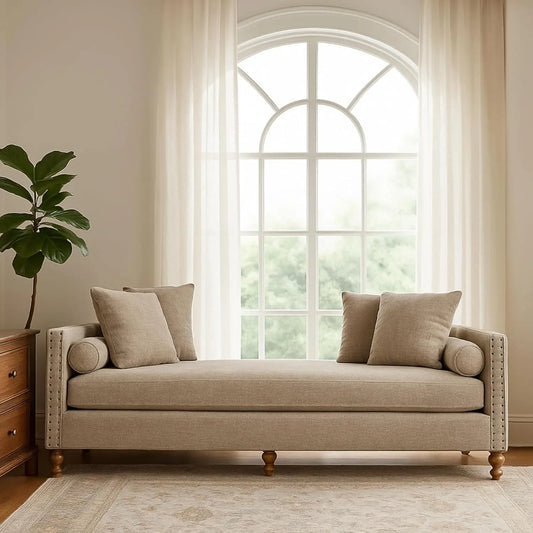 Oversized Chaise Lounge, Chenille End of Bed Bench with Tufted Arms