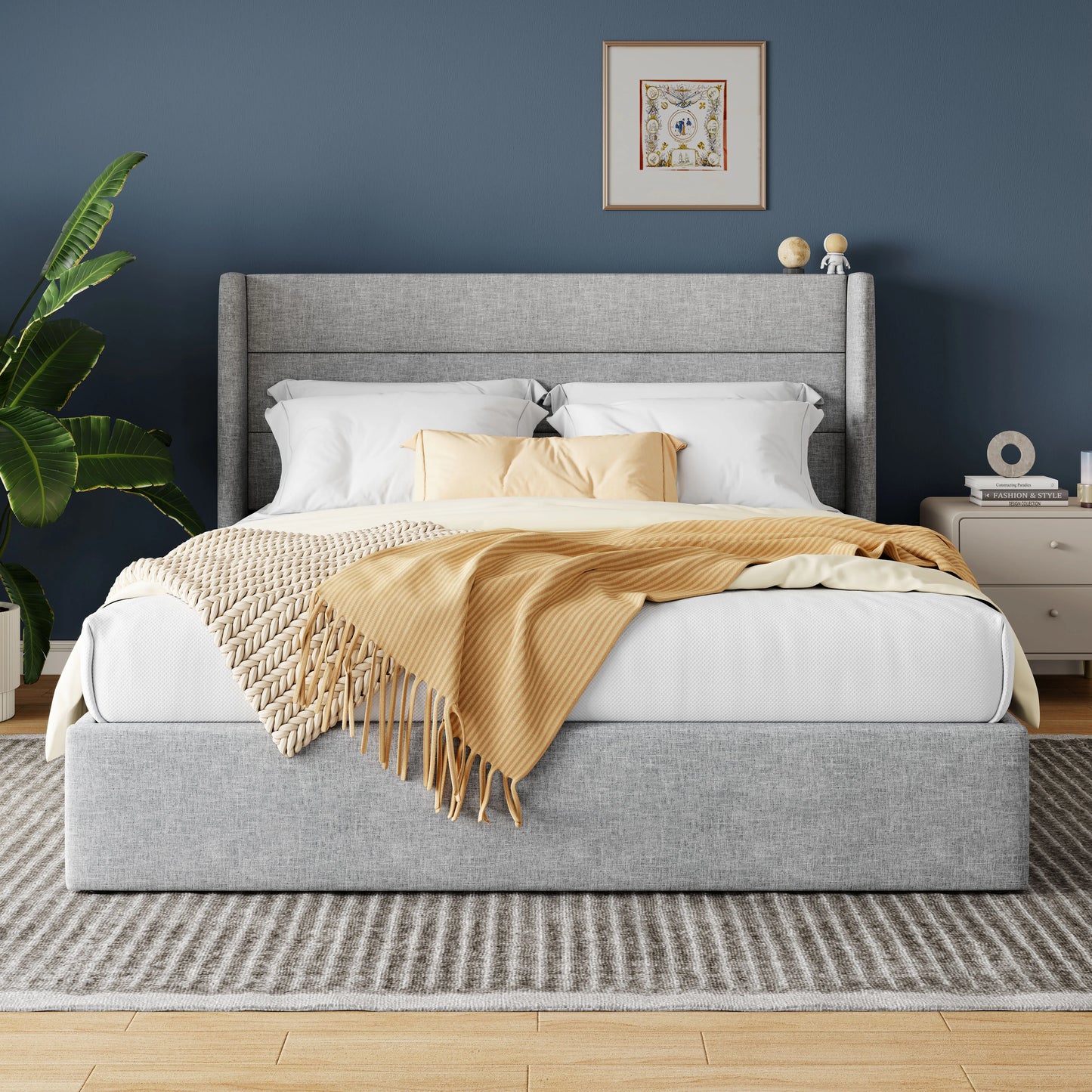 Lift Up Hydraulic Storage Bed with Wingback Headboard