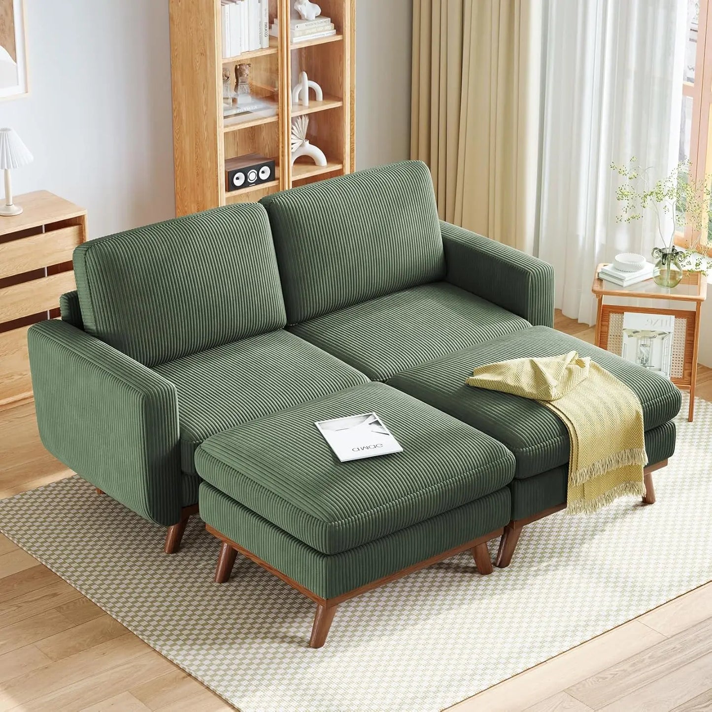 3-Seat Corduroy L-Shape Modular Sofa with Movable Ottoman,