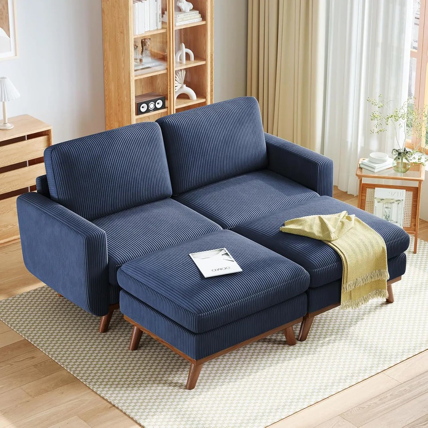 3-Seat Corduroy L-Shape Modular Sofa with Movable Ottoman,