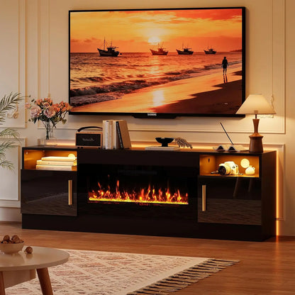 70'' TV Media Entertainment Center with Fireplace, Modern LED