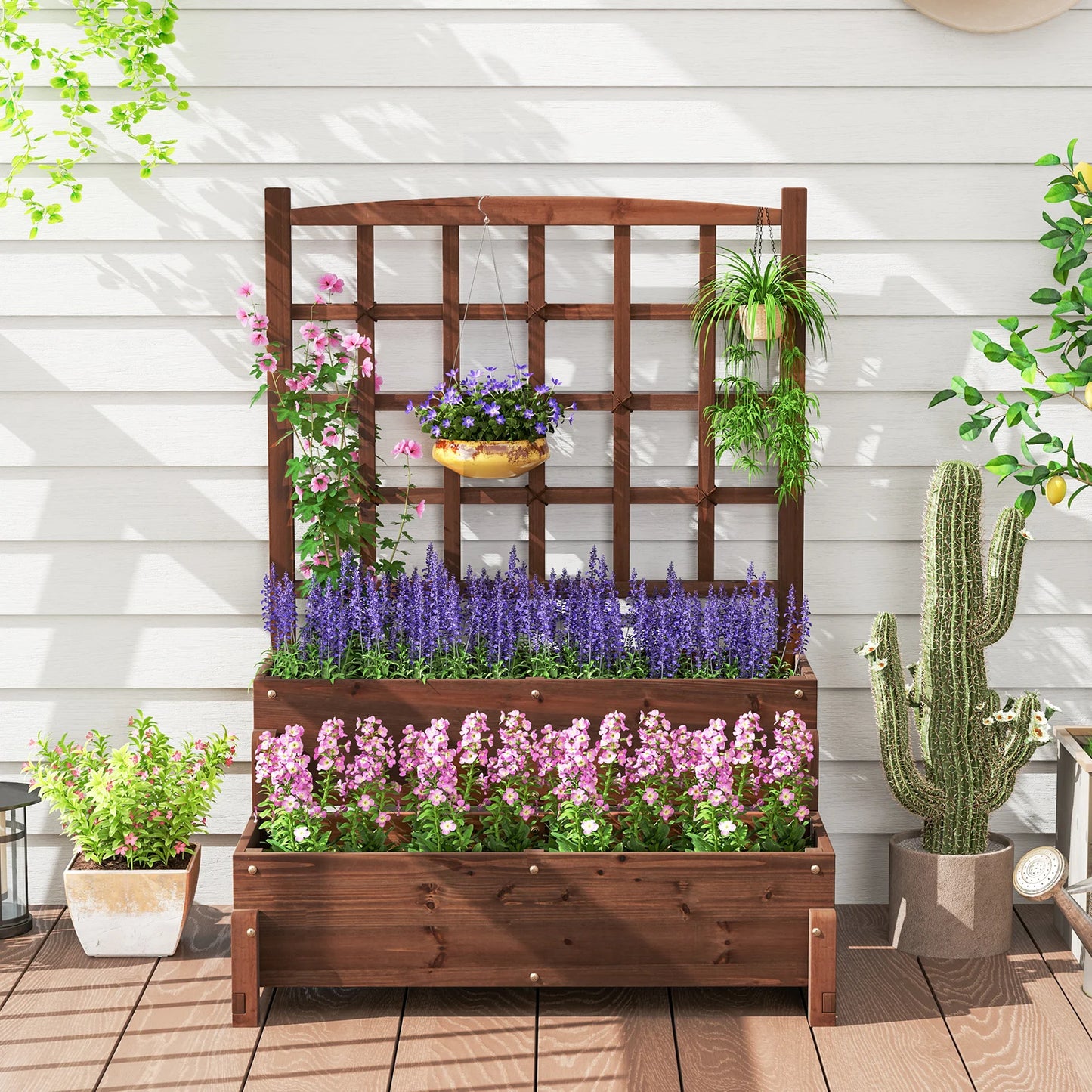 Raised Garden Bed w/Trellis, Drainage Holes, Legs, & Twisting Rope