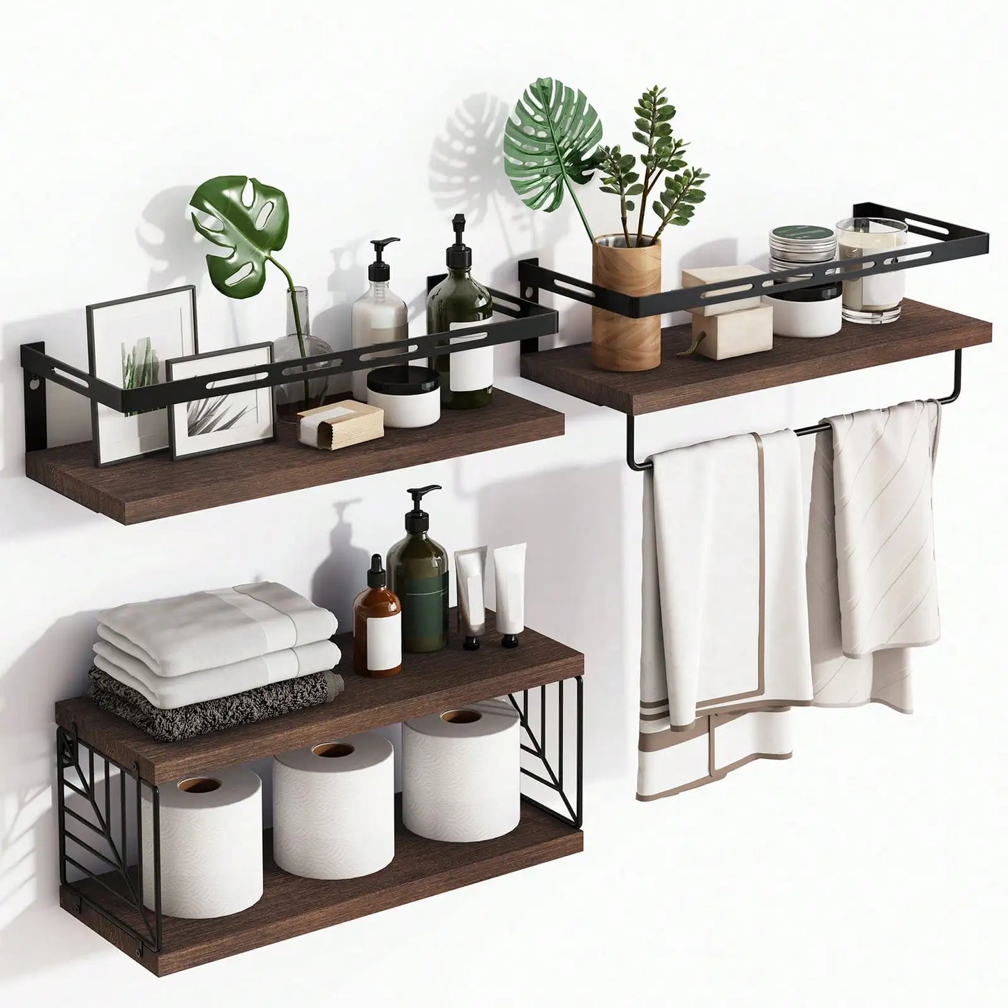Rustic Wood Floating Shelves W/Metal Frame Towel Bar