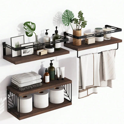 Rustic Wood Floating Shelves W/Metal Frame Towel Bar