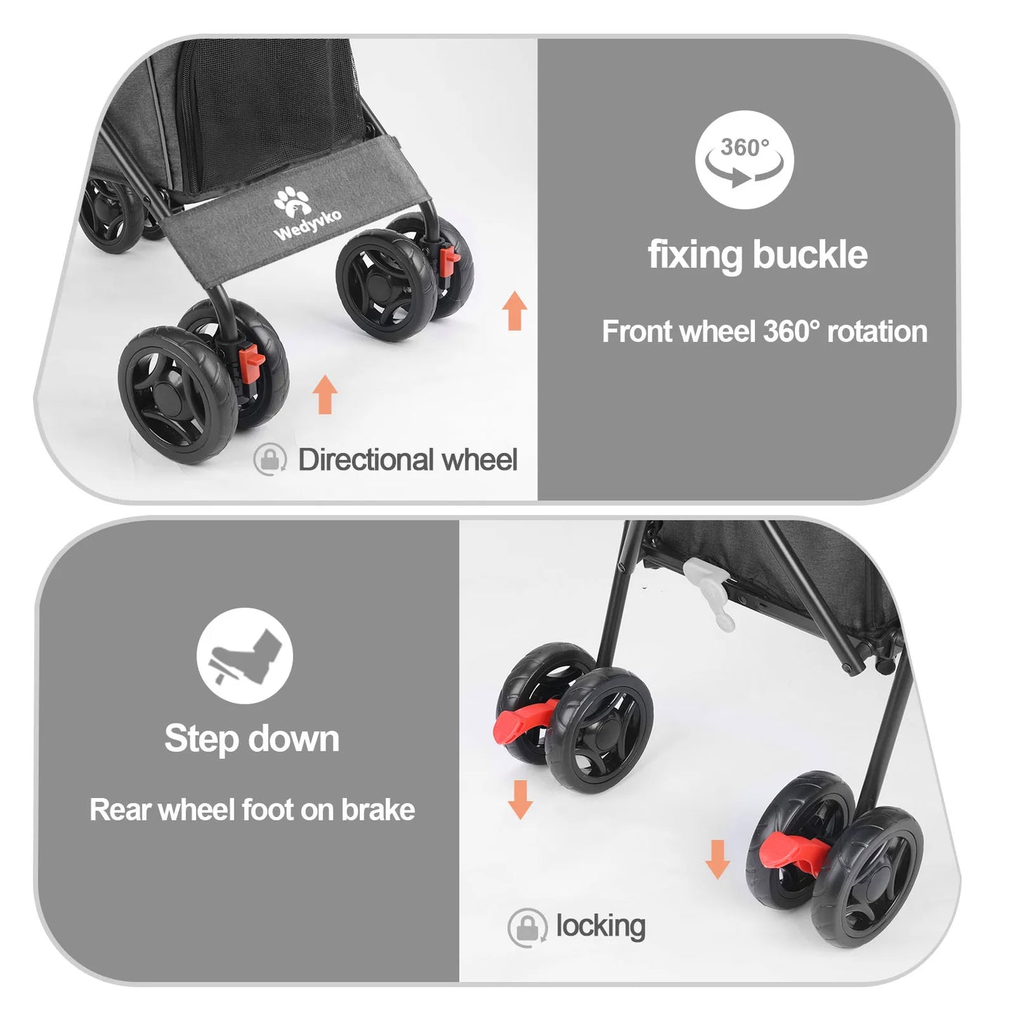 Pet Stroller 4 Wheel Stroller Rotate with Brakes & Storage