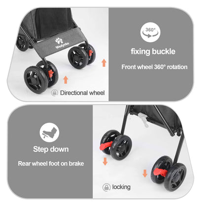 Pet Stroller 4 Wheel Stroller Rotate with Brakes & Storage